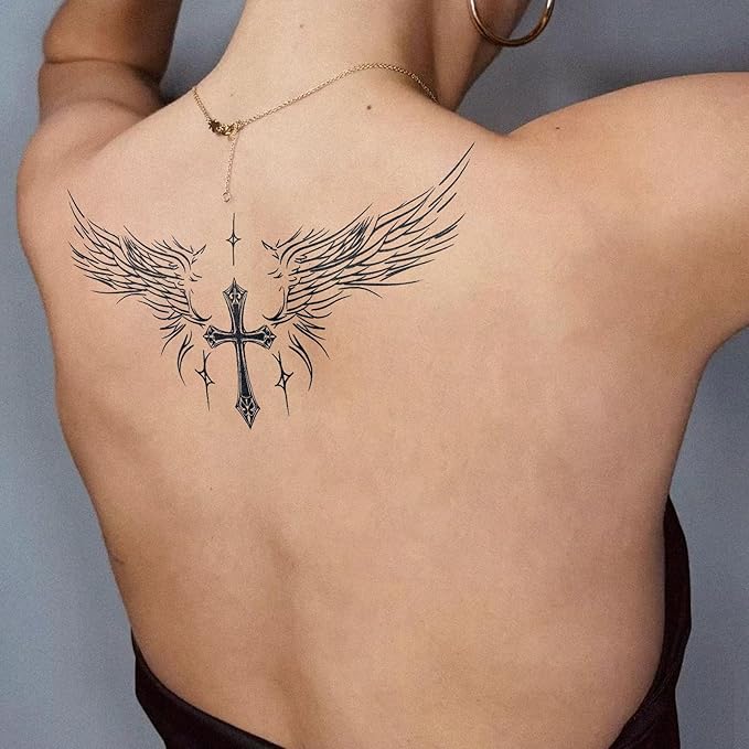 Semi Permanent Tattoo for Men(Large), 2 Sheets Angel Wing Tattoos(Cross), Lasts 7-15 Days, Develops Fully in 48H, Realistic, Waterproof and Non-Reflective, for Back Chest