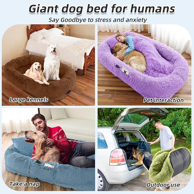 WROS Human Dog Bed for Adult, 71"x45"x12" Calming Nest Beds, GreenWhite | Washable Soft Faux Fur Cover, Orthopedic Foam Support, Non-slip Bottom, Includes Blanket, Strap & Pillow