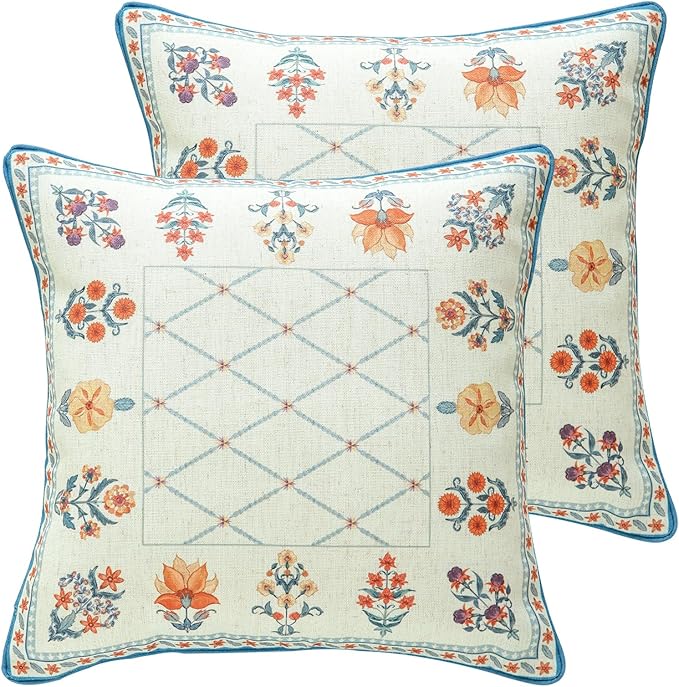 Linen Square Throw Pillow Cover,Set of 2,18"x18"-Floralsea B | Designer French Elegant Pillow Cover,Concealed Zipper Design,Sofa,Bedroom,Living Room,Lounge Chairs,All Season Home Decor