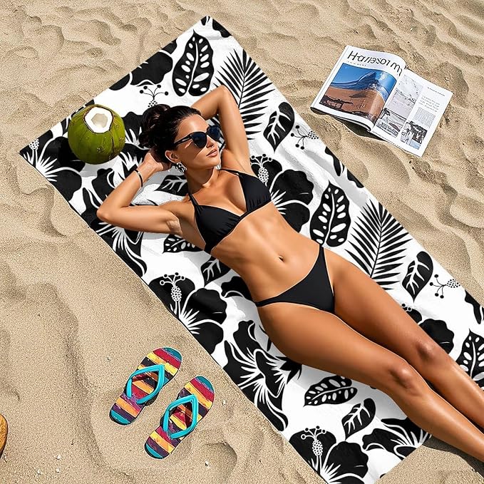 Black Hibiscus Flower Beach Towel, Microfiber Absorbent Quick Dry Swimming Yoga Beach Towels for Women, Men, Kids