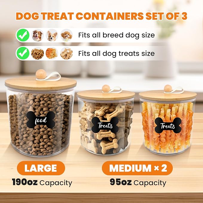 HOYTAMDAR 3 Pack Airtight Dog Treat Containers Bamboo Lids, Dog Treat Jars