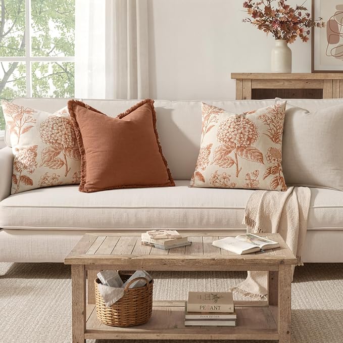 Set of 2 Decorative Floral Pillow Covers 18x18 Inch Autumn Orange | Neutral Hydrangea Print, Boho Vintage Throw Cushion Covers, Cottagecore Home Decor, for Sofa Couch Porch Bedroom Living Room