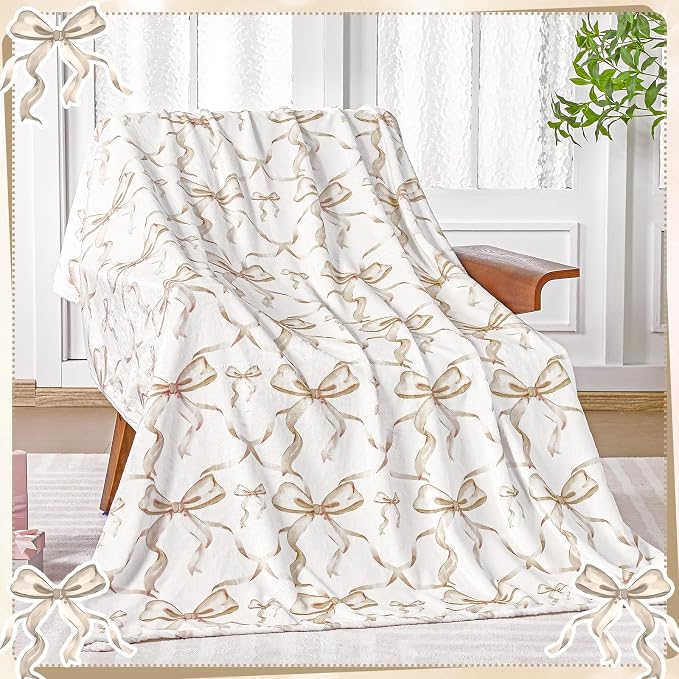 Brown Bow Throw Blanket 50"x60" Soft Flannel for Girls Women | Coquette Aesthetic Decor with Ruffled Edges, Ultra Plush Bed Sofa Blanket, Preppy Gift for Teens, Back to School Dorm Room