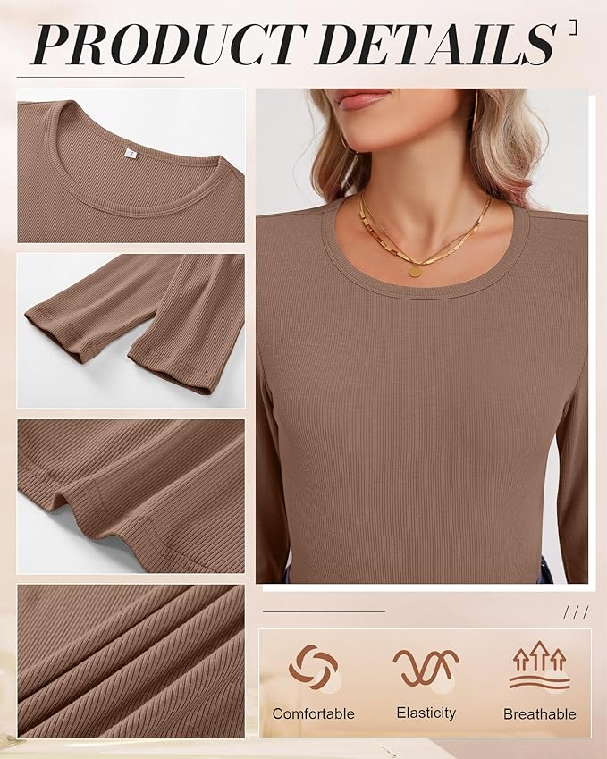 Ficerd 3 Pack Women's Ribbed Long Sleeve Tops, Crew Neck Slim Fit Undershirts Knit Basic Casual Stretch Layering Tee Shirts