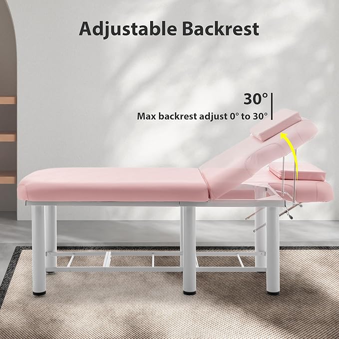 Professional Massage Table with Backrest, Faux Leather Stationary Physical Therapy Table, Metal Frame Barber Beauty Equipment, Removable Headrest Treatment Table Salon Spa Bed, Pink