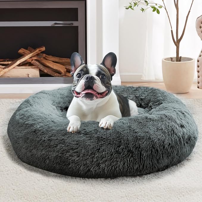 JOLLYVOGUE Calming Dog Bed for Small Dogs - 23 inches Donut Washable Small Dog Bed for Kittens & Puppies, Anti-Slip Round Fluffy Plush Faux Fur Cat Beds (Fits up to 25 lbs Pets, Navy Grey)