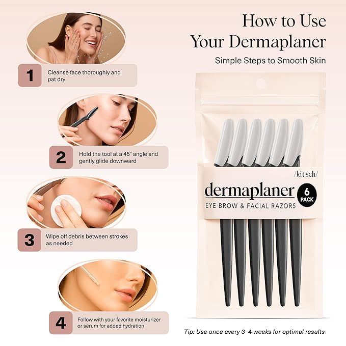 Kitsch Dermaplane Razor for Women Face – Face Razors for Women & Men, Eyebrow Trimmer & Face Shaver – Exfoliating Facial Razor & Skin Care Tool for Smoother Skin - Black, 6 pcs