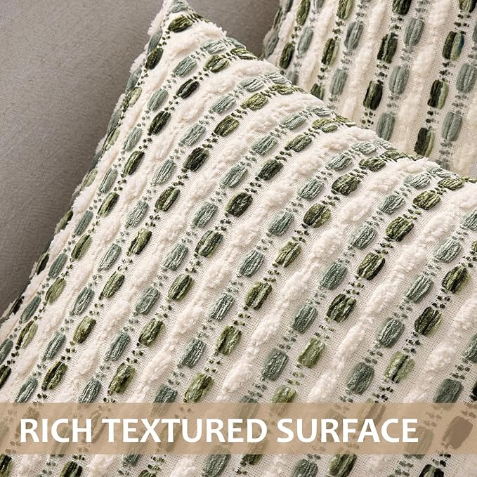 ANRODUO Boho Decorative Throw Pillow Covers Cream Olive 18x18 Inch Set of 2 | Chenille Tufted Pillow Covers, Woven Throw Pillow Covers with Raised Stripes, Neutral Pillowcase for Couch Sofa Living Room