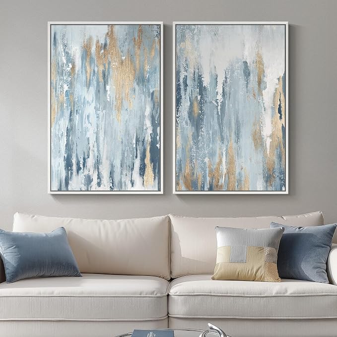 Large White Framed Blue and Gold Abstract Wall Art for Living Room, 24x36 | 2 Piece, Canvas prints, Navy blue paintings, Modern minimalist artwork, Glitter pictures, Dining room bedroom wall decor