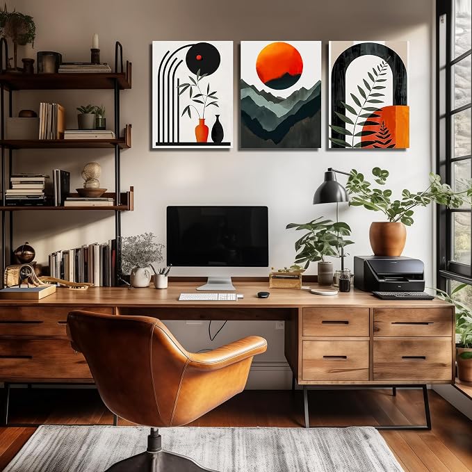 DNIEOTU Bohemian Wall Art for Living Room, Boho Geometric Shapes Canvas Wall-Decor for Bedroom, Minimalist Mountain and Moon Picture Prints, Size 16 x 24 Inches 3-Pieces