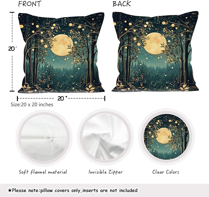 Rustic William Morris Inspired Night Moon Forest Decor Pillow Covers 18x18 Set of 2,Vintage Black and Gold Nature Landscape Botanical Decorative Throw Pillow Covers for Home Bedroom Living Room