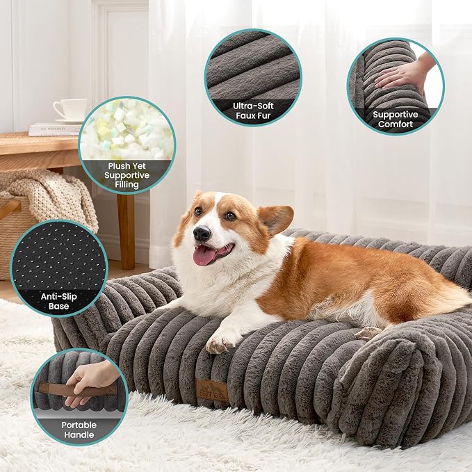 COZY KISS Cute Cat Couch, Fluffy Sofa Bed for Cats and Small Dogs, Premium Faux Rabbit Fur Cats beds for Indoor Cat, Ultra-Soft Supportive Pet Couch Furniture (Grey, S: 25.5''x17.5'')