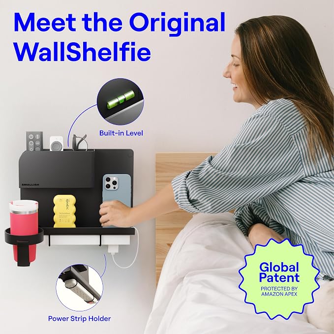 WallShelfie Bedside Wall Organizer & Dorm Decor for Dorm Room - Black | Dorm Room Essential, Floating Bedside Shelf Wall Mount Organizer, Remote Control Holder, Cool Teen Girls Trendy Stuff