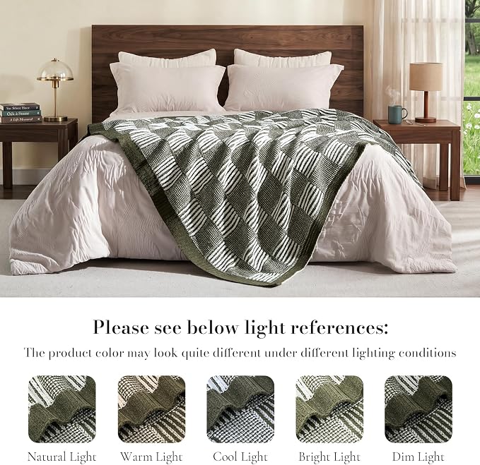 Knit Throw Blanket, Soft Chenille Cozy Breathable Dual Tone Checkered Chunky Decorative Blanket for Couch, Bed & Sofa, French-Inspired Lightweight Warm Gift for Women, Olive Green, 60"x80"