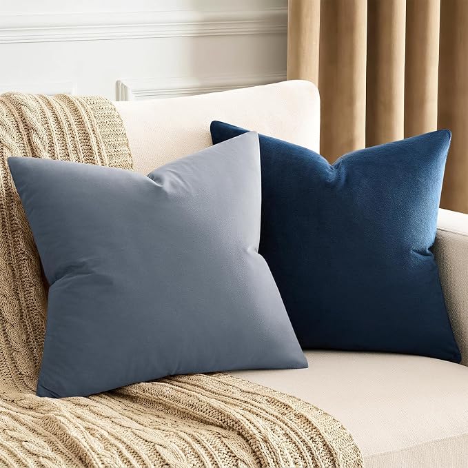 Throw Pillow Covers Set of 2 18x18 Inch Velvet Pillow Covers, Soft Blue Grey Decorative Covers for Couch Sofa Bed Living Room, Neutral Farmhouse Covers, Home Boho Decor