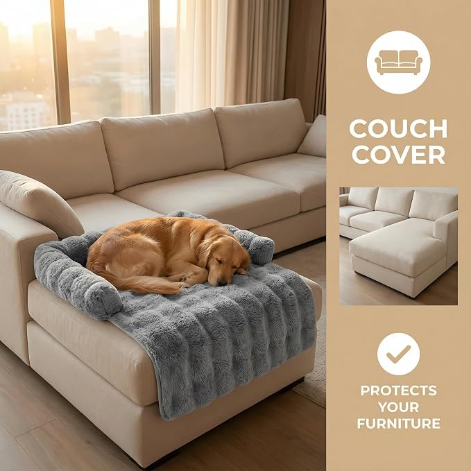 Calming Dog Bed for Couch, 29.5 x 29.5 inch, Dog Sofa Mat, Machine Washable | 3-Sided Bolster, Faux Rabbit Fur Plush, Non Slip Bottom, Water Resistant Furniture Protector for Small Medium Dogs & Cats