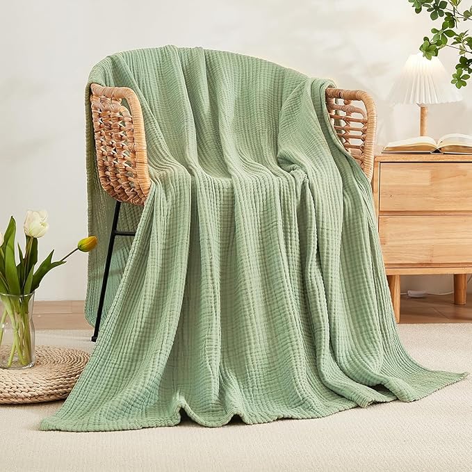 EMME Muslin Blankets for Adults Throw Blanket for Couch Breathable Gauze Soft Lightweight Airy Sage Green Throw XL 50" x 71"