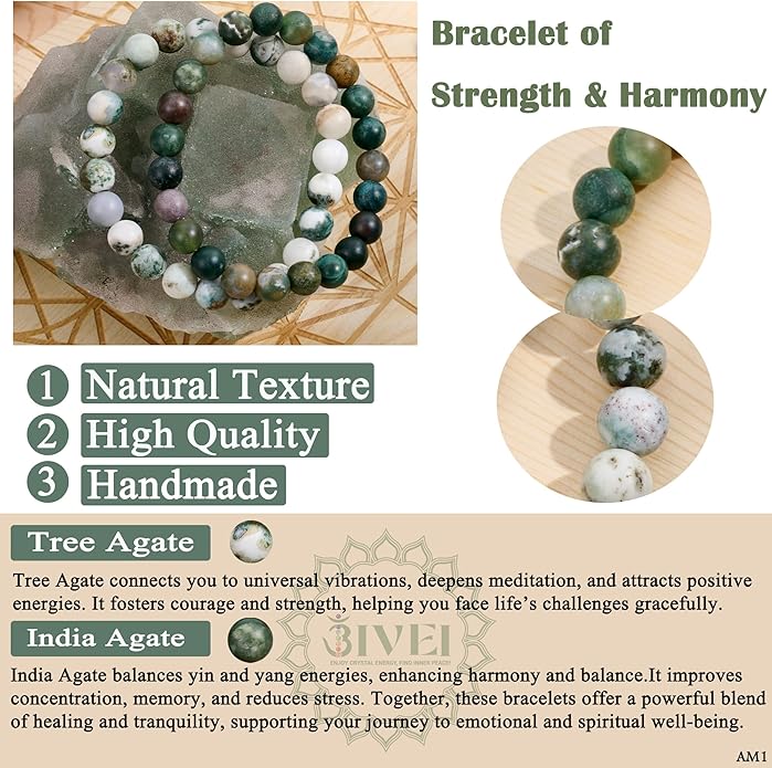 Bivei Natural Gemstone Semi Precious Healing Crystals Handmade Stretchy Round Beads Bracelet,Stocking Stuffers for Women Enhance Positive Energy