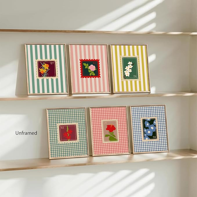 Coquette Pink Floral Posters Wall Art Set of 6, Colorful Stripes and Checks Flower Canvas Wall Decor Painting, Florals Stamp Artwork Posters Pictures for Girls Room Bedroom Dorm 12x16 Inch Unframed