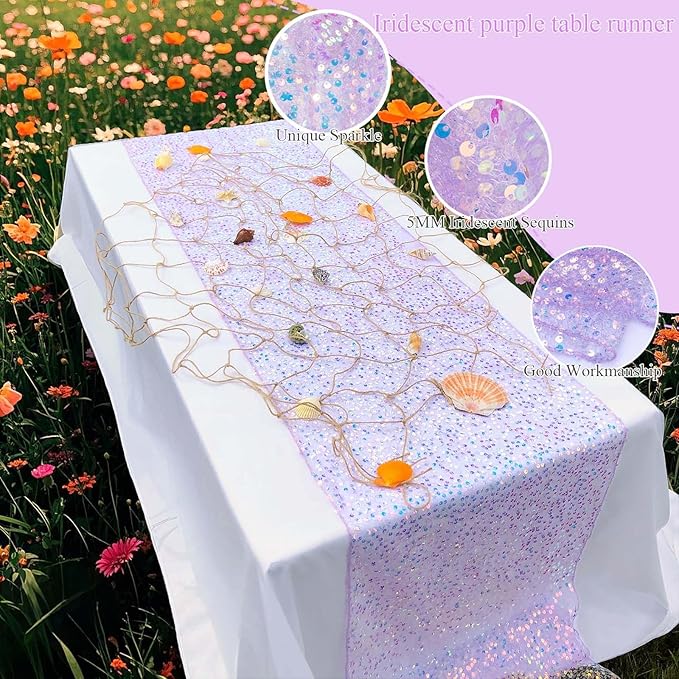 Purple Sequin Table Runner 10Ft 2Packs, Perfect for 6 - 8 Ft Tables, Iridescent Table Runner 120" x 17" for Wedding Baby Shower Birthday Decorations