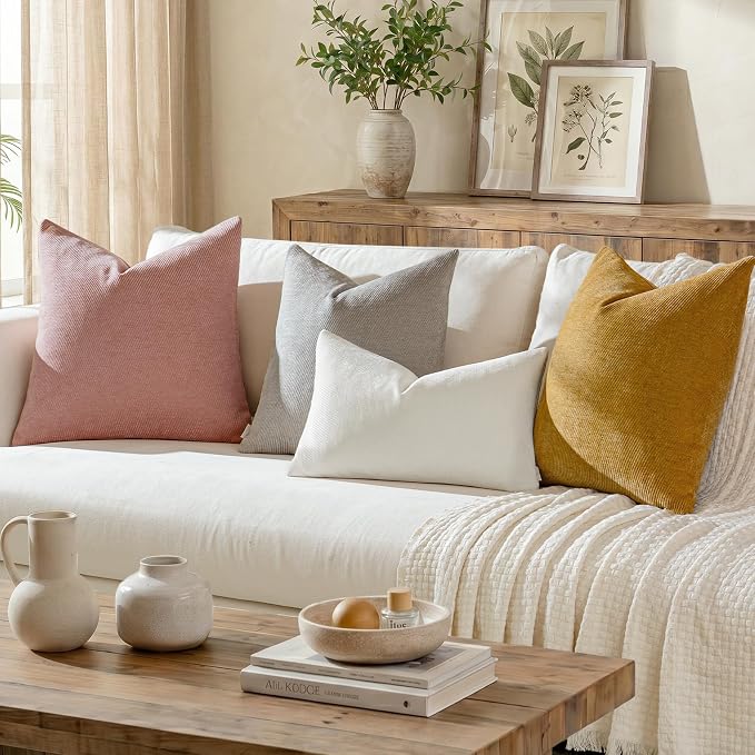 a moment Pack of 2 Decorative Chenille Throw Pillow Covers with Twill Cushion Covers for Sofa Living Room Couch Bed 26x26 Inch,Raw White
