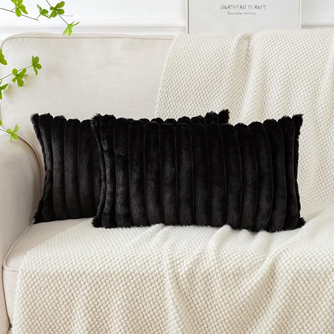 Soleebee Set of 2 Throw Pillow Covers Soft Cozy Velvet Pillowcase Faux Rabbit Fur Cover for Couch Sofa Bed Chair Home Decorative Pillows Cover (12x20 Inch, Black)