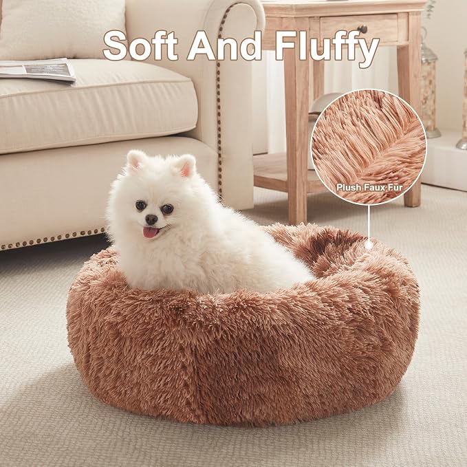 23 in Faux Fur Fluffy Donut Dog Bed for Small Dogs,Tie-dye Brown | Calming Plush Round Puppy Pet Bed with Removable & Washable Cover,Fits up to 25 lbs Pets