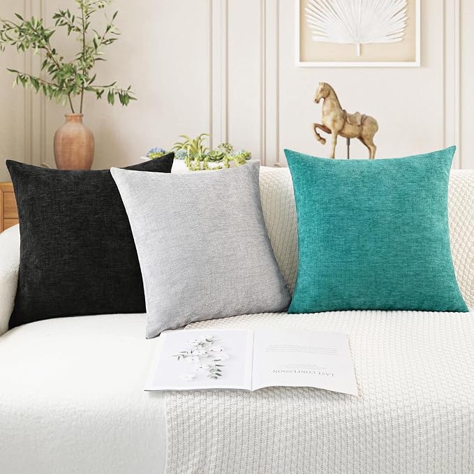 CaliTime Decorative Couch Throw Pillow Covers 16 X 16 Inches Black | Pack of 2, Cozy Chenille Cushion Cases for Sofa Bed Living Room Farmhouse Home
