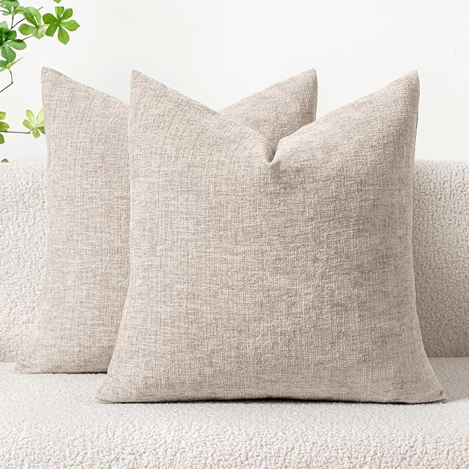 MIULEE Soft Chenille Throw Pillow Covers Light Brown 18x18 Inch Pack of 2 | Modern Home Decor, Classic Decorative Pillows, Solid Dyed Cases, Boho Couch Cushion Covers for Sofa Bed Living Room