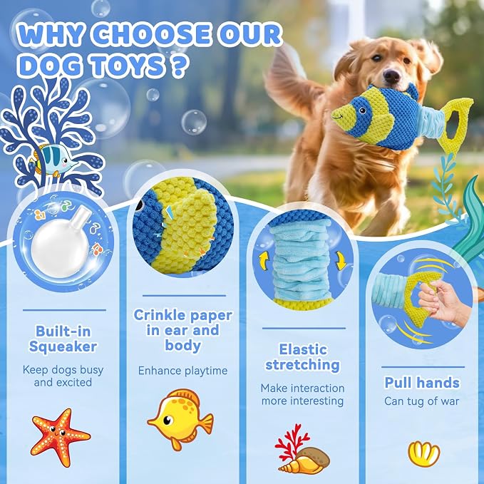YZHDUXIU Fish Dog Squeak Toys, Elastic Band Tug of War Dog Toy with Crinkle
