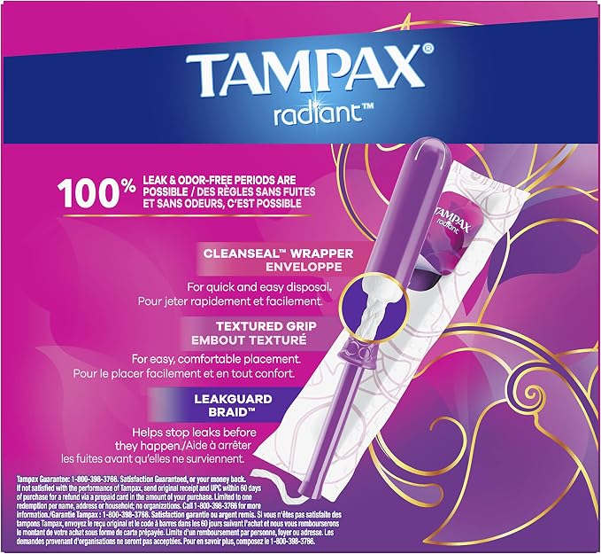 Tampax Radiant Tampons Regular Absorbency, Unscented, 28 Count (Pack of 2)