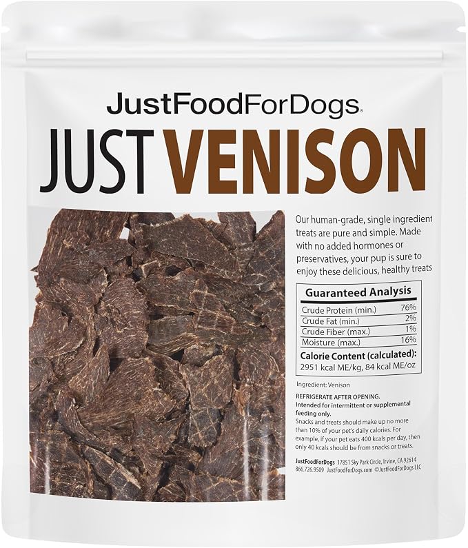 JustFoodForDogs Limited Ingredient Healthy Dog Treats and Dog Snacks, Jerky Treats, Human Grade, Preservative Free, Rawhide Free Chews, Low Calorie Treat - Venison Bark, 5 oz | Human Grade Chicken Treats for Dogs, Jerky Dog Snacks, Preservative & Rawhi...