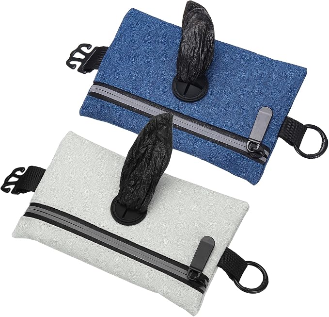 Dog Poop Bag Holder, Pet Waste Bag Dispenser Dog Treat Pouch with Zipper Oxford Cloth Portable Reusable Easy Cleanup(2Pcs, Gray/Navy Blue), Intended for Outdoor/Travel/Walking