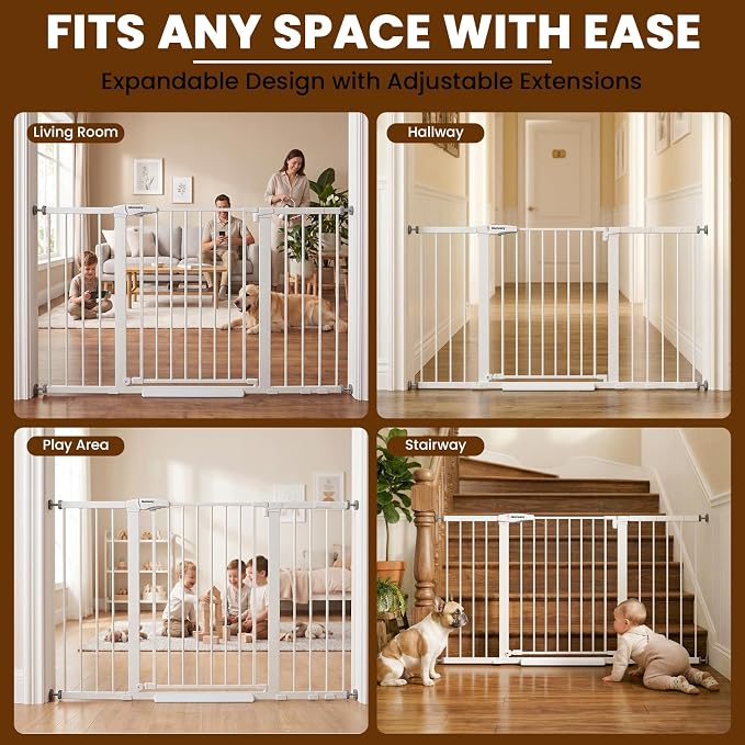 Mumeasy 36" Extra Tall Baby Gate for Stairs, 29.7-54.2" Wide Dog Gate for Doorways, Walk Thru Pet Safety Gate for Indoor, Pressure Mounted with Auto Close, Easy Install No Drill for Toddlers, White