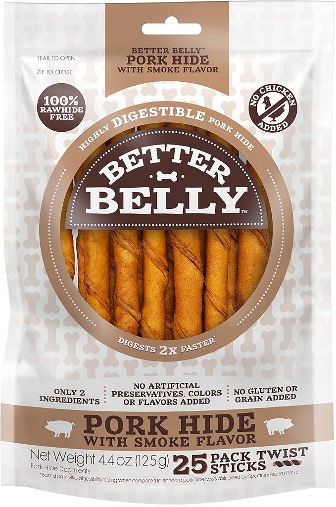 Better Belly Pork Hide Twists Highly Digestible Dog Treats, 25 Ct (24 Pack) | With Natural Smoke Flavor, Long-Lasting Digestible Chew, No Grain Added, No Artificial Colors Or Flavors, For Adult Dogs