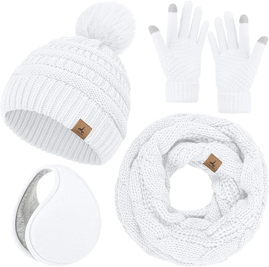 Winter Hat Scarf Gloves and Ear Warmer, Warm Knit Beanie Hat Touch Screen Gloves Set Winter Gifts Neck Scarves for Women