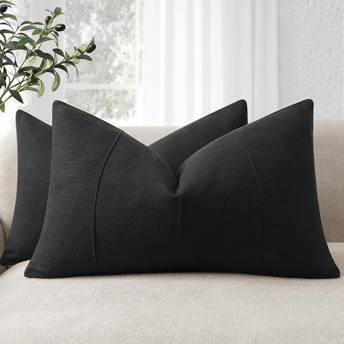 12x20 Pillow Covers Set of 2 Decorative Linen Lumbar Pillow Covers Solid Handcrafted Striped Cushion Covers for Bed Soft Modern Farmhouse Neutral Pillowcase for Couch Bedroom Living Room (Black)