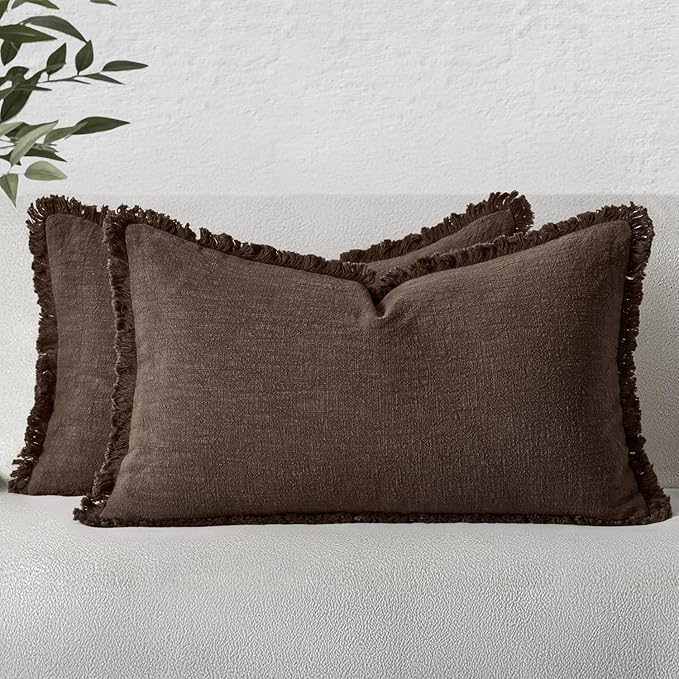 MIULEE Boho Linen Fringe Decorative Fall Pillow Covers Reddish Brown 12x20 | Set of 2, Cottagecore Decor, Boho Farmhouse Neutral Pillow Covers, Rustic Fall Couch Cushion Cases for Sofa Bed Living Room