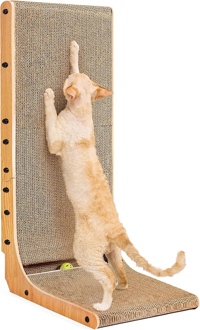EHEYCIGA Cardboard Cat Scratcher for Indoor Cats, 32 Inch, Brown | L Shaped Scratching Post, Vertical Cat Scratching Board with Ball Cat Toy, Furniture Protector, Extra Large Cat Scratch Pad