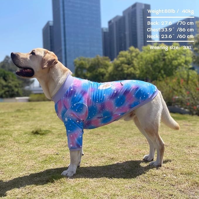 Dog Blue Purple Tiedye T Shirts Shining Unicorn Pattern Printed Pet Shirt Softable Pajamas for Large Dogs (L, Blue)