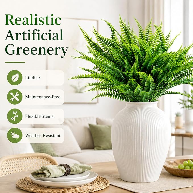 MAQIHAN 40PCS Fake Fern for Outdoor - Artificial Boston Fern Stems Decor | Realistic Fake Greenery for Large Planters, Vase, Porch, Patio, Garden Decor, Faux Plants for Indoor, Outdoor Home Decoration