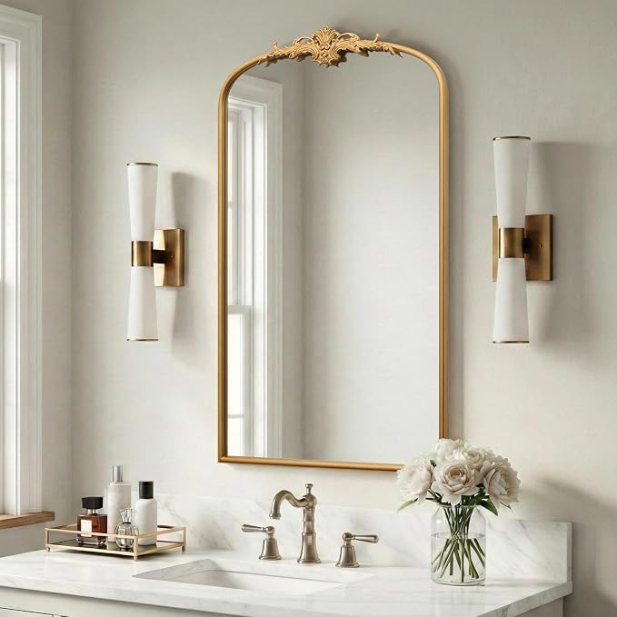 Besdomus Vintage Large Wall Mirror: 24"x42" French Arch Gold Vanity Mirrors | Antique Metal Framed Decorative - Baroque Traditional Ornate for Hallway/Bathroom/Fireplace - Ideal for Bathroom Renovations