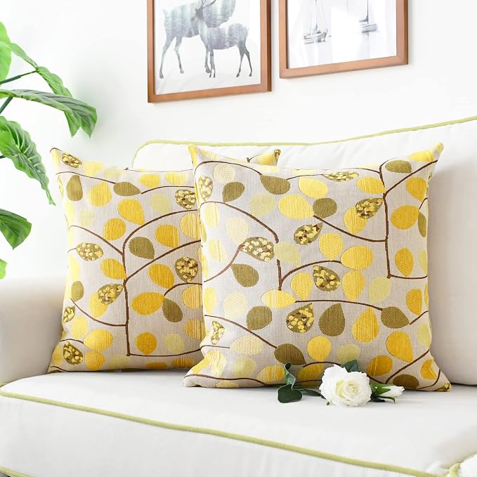 CaliTime Decorative Throw Pillow Covers 20 X 20 Inches Ecru Gold | Luxury Chenille Cute Leaves Cushion Case Shell for Couch Sofa Bed Living Room Home