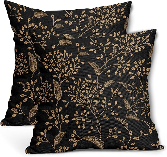 Boho Pillow Covers 18X18 Inch Set of 2 Black Gold Floral Leaves Decorative Pillow Cases Vintage Flower Leaf Cotton Linen Cushion Case Farmhouse Home Decor for Sofa Couch Porch Outdoor