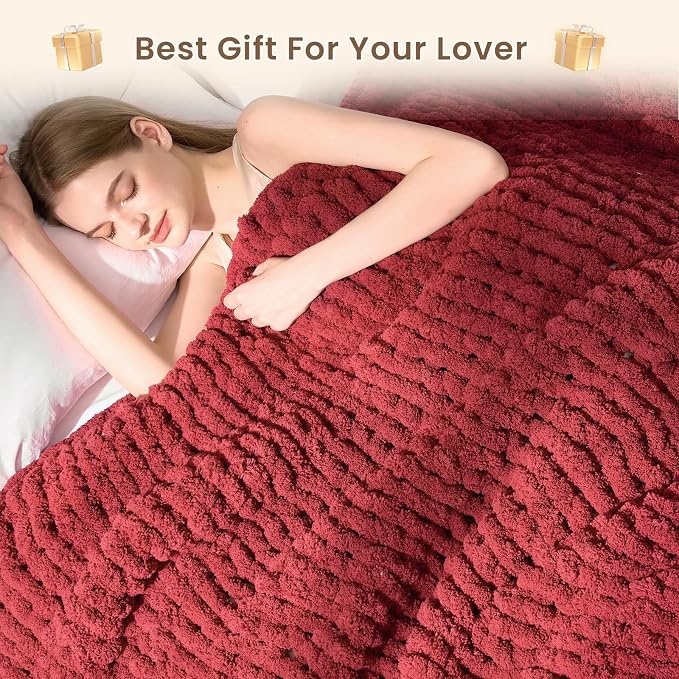 L'AGRATY Chunky Knit Throw Blanket for Couch, 60 x 80 Inches, Maroon Red | Handmade Chenille Crochet Blanket for Sofa Bed, Thick Cable Knitted Blankets for Room Home Decor, Birthday Gift for Women Mom