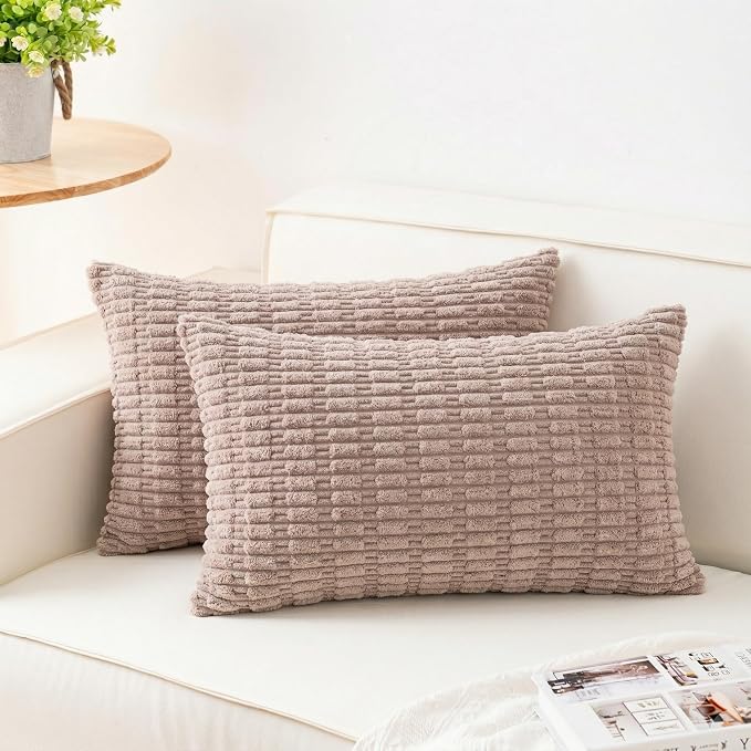 Pack of 2 Corduroy Decorative Throw Pillow Covers 12x20 Inch, Light Brown | Fall Soft Striped Pillow Covers Modern Farmhouse Home Decor Christmas Throw Pillow Covers for Sofa Living Room Couch Bed