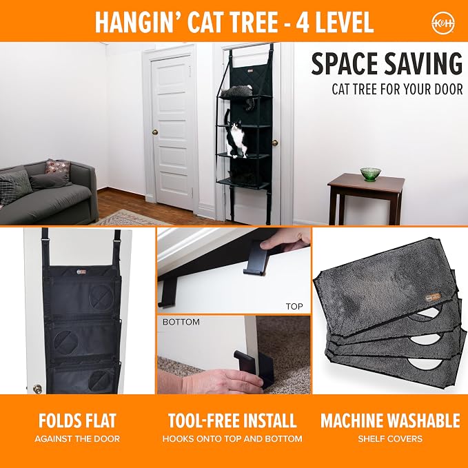 K&H Door Cat Tree, Over the Door Cat Furniture - Gray, Fits Doors <80in H | Space Saving Multi-Level Wall Perch Hammock Bed, Interconnecting Levels, Collapsible, Tool-Free Assembly