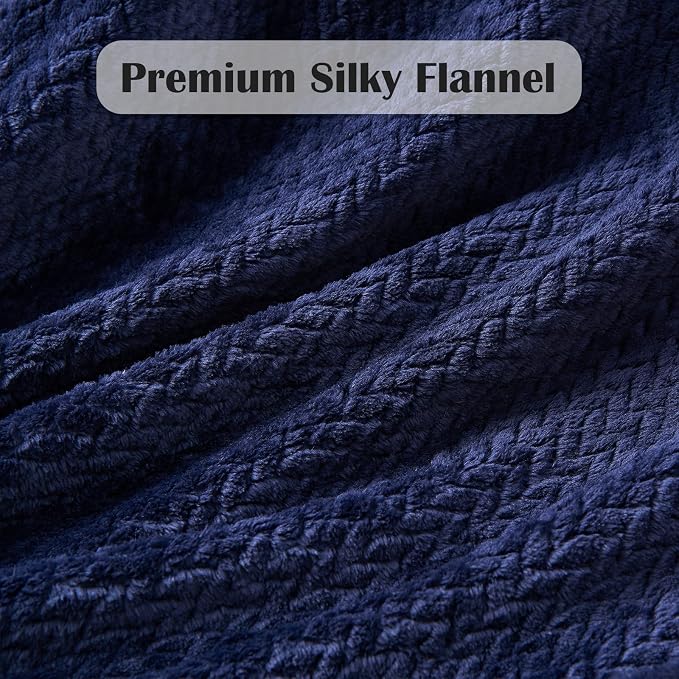 NEWCOSPLAY Fleece Leaves Pattern Queen Blanket, Dark Navy, 90"x90" | Super Soft Throw Blanket, Lightweight Cozy Bed Sofa Blanket, Premium Silky Flannel Fleece, Travel Blanket for All Season Use