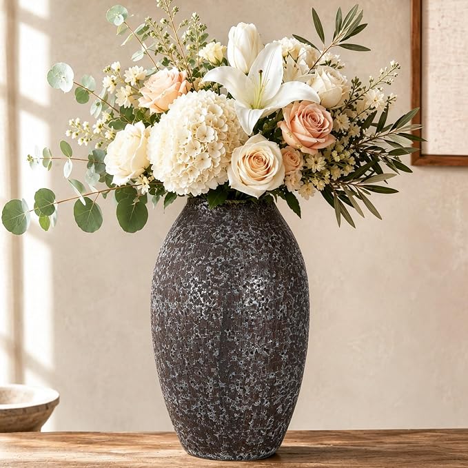 Cream Ceramic Flower Vase Speckled Bubble Glaze Home Decor | 7.08 Inch Rustic Table Vase, Decorative Ornament for Living Room,Office,Wedding,Birthday