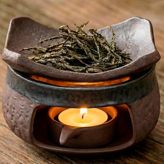 Ceramic Essential Oil Diffuser and Wax Melt Warmer, Aromatherapy Candle Stove Teapot Warmer, Handmade Zen Decor Incense Burner Palo Santo Holder for Home Fragrance Room (Classic Round)
